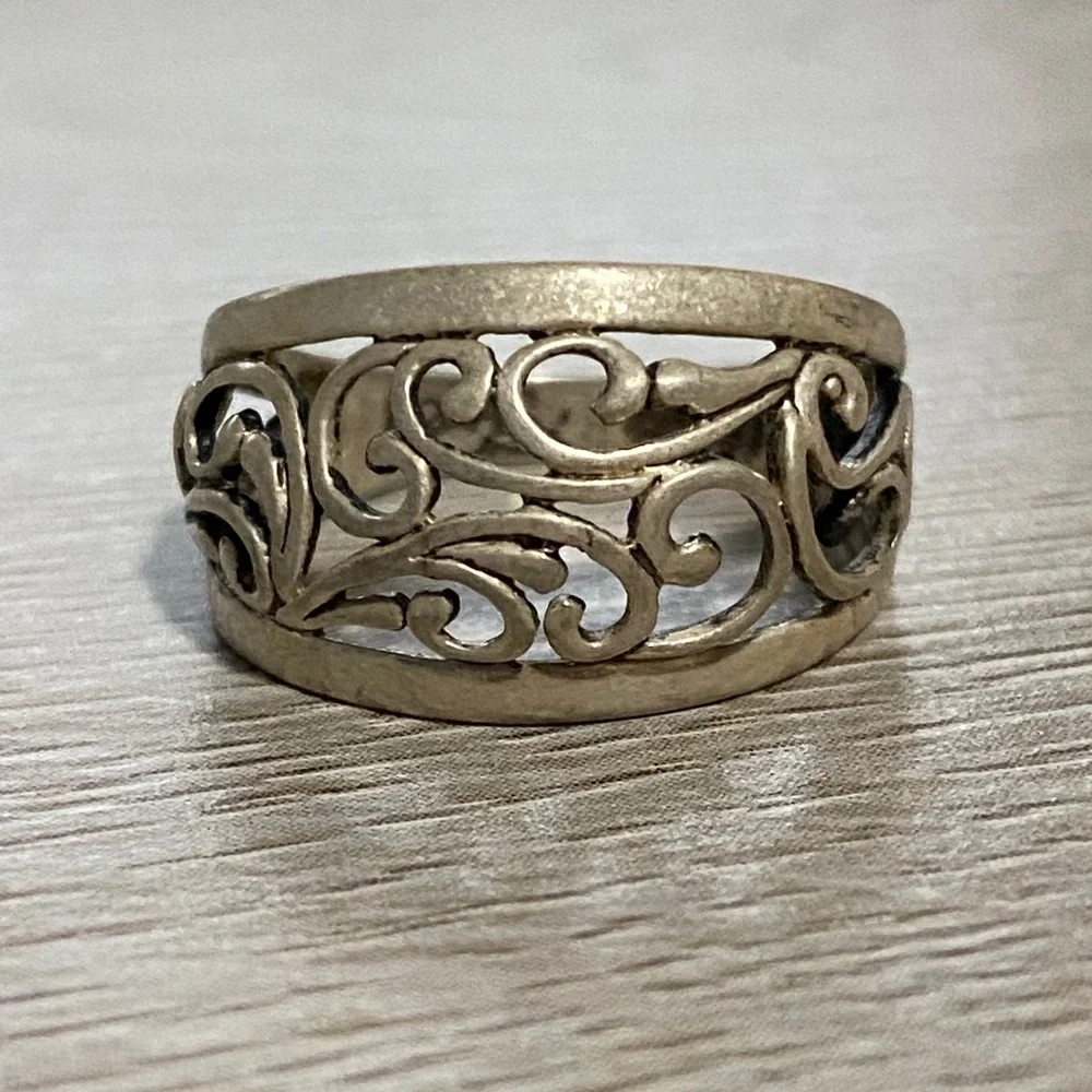 925 Sterling Silver Filigree Vine Swirl Design Band Ring Sz 6 Antiqued Finish